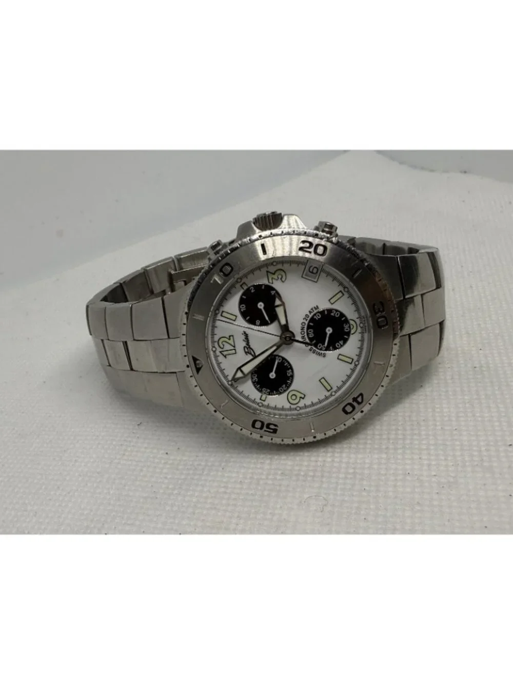 Belair A9915 Men Chronograph Diver Watch Swiss Quartz Stainless Steel White Dial